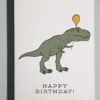 card that shows a t-rex carrying a yellow balloon with text that says happy birthday