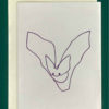 Close-up of a white greeting card on top of a cream-colored envelope, all on a forest background. The greeting card has one-line drawing of a purple bat in flight.