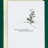 Close-up of a light gray-blue greeting card on top of a cream-colored envelope, all on a forest green background. Card features a drawing of a flower growing through a crack in the ground. Underneath reads "shoutout to all the flowers growing through concrete"
