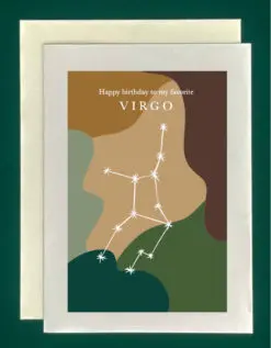 Greeting card has an image of the constellation Virgo superimposed on a background of earth tones in geometric shapes. Card reads, "Happy Birthday to my favorite Virgo."