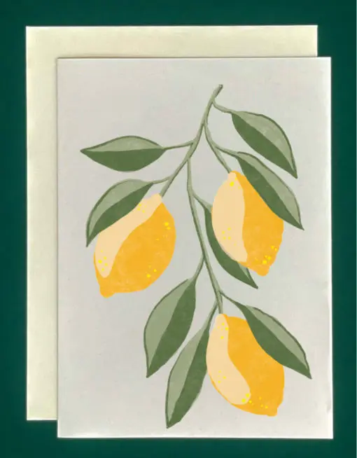 Close-up of a white greeting card on top of a cream-colored envelope, all on a forest green background. Card features a cluster of hand-drawn lemons on a branch with leaves on a white background