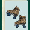 Drawing of leopard print roller skates with blue wheels on blue background.