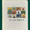 Close-up of a white greeting card on top of a cream-colored envelope, all on a forest background. The greeting card features an image comprised of 12, multi-colored rectangles in a 4x3 grid. The rectangles feature a cartoon person or people of different ages, races, ethnicities, and family structures. The text underneath reads "THIS YEAR ZOOMED BY" in a thin, handwritten font