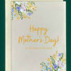 Close-up product image of a greeting card in front of a cream envelope. The card features drawings of colorful bouquets of flowers in the top left and bottom right corner of the card. In the center reads, "Happy Mother's Day!" in large script. Underneath, in smaller script reads "(to the best of the best)"